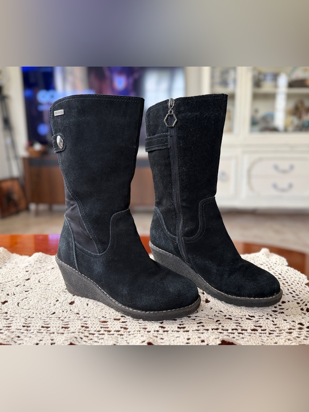 Khombu Black Suede Wedge Mid-Calf Boots with Side Zipper